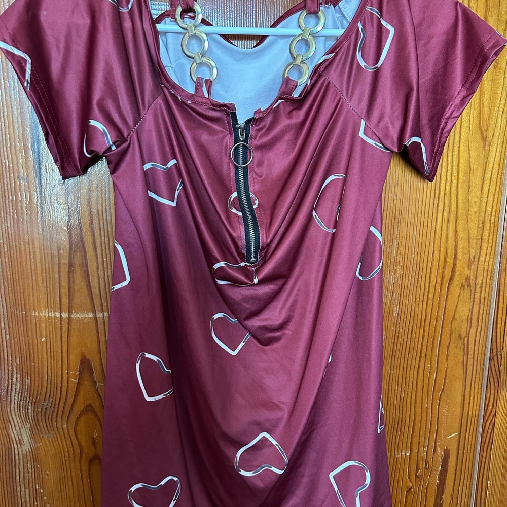 Burgundy Top with Heart Pattern and Zipper